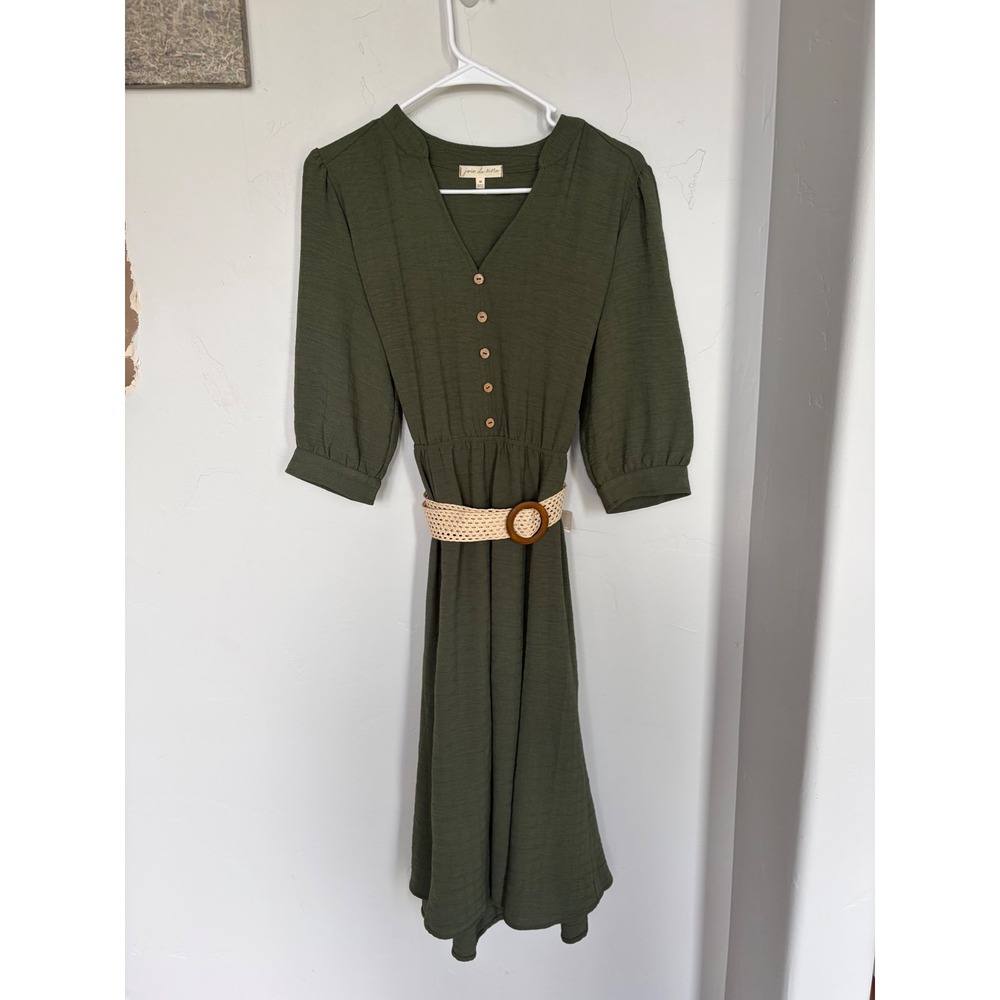 Joie de Vivre Olive Green Textured Midi Dress Button Front Belted Womens Medium